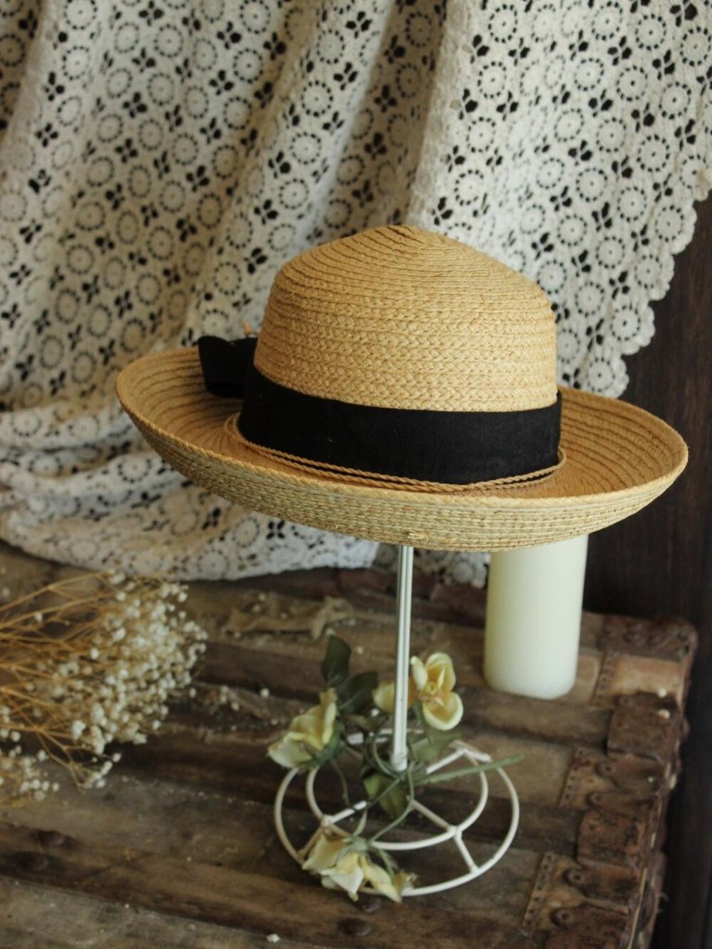 Vintage 1990s 2000s Hat, Scala Straw Wide Brimmed Sunhat with Black Ribbon, Mill - Picture 3 of 14
